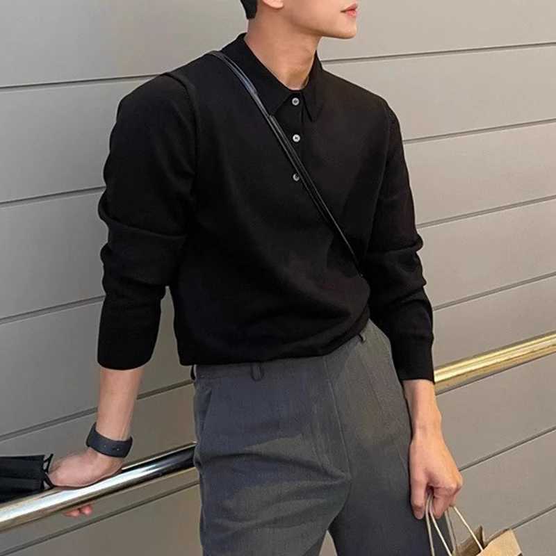 Mens Clothing Light Luxury Knit Polo Shirt Long Sleeve Solid Color Pullover Sweater Korean Retro Popular Leisure Knitwear M-3XLXJ240906