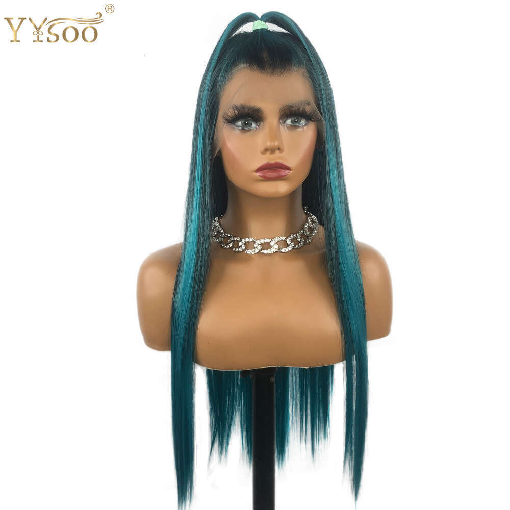 Yysoo Long Blue Mixed Color Futura Synthetic 13X4 Lace Front Wig Pre Plucked Highlights Glueless Silky Straight Wigs For Women