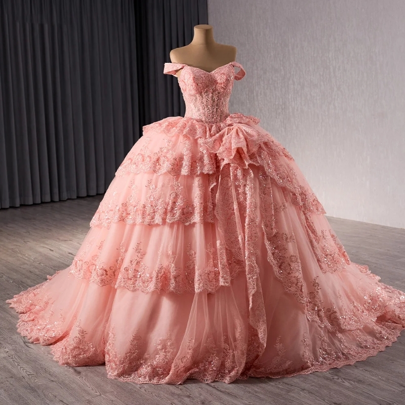 Pink Ball Gown Quinceanera Dresses Off Shoulder Applique Lace Beads Tull Tiered Birthday Party Formal vestidos de 15 quinceanera Sweet 16 Dress