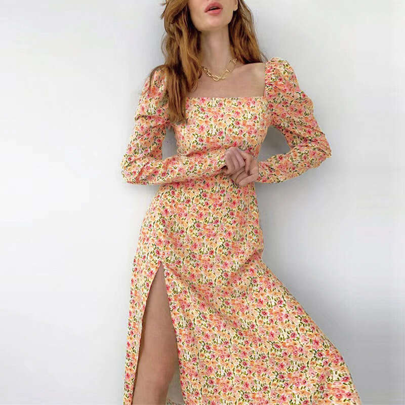 2023 Spring/Summer Bohemian Sleeve Split Dress, Youthful and Sweet Daisy Printed Long Dress