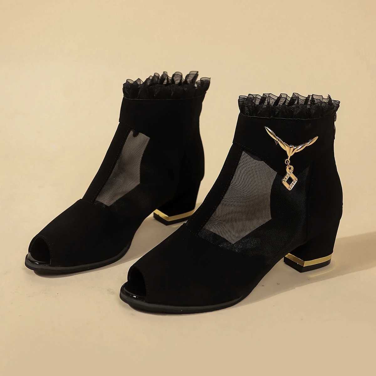 Spring and autumn breathable mesh high heels comfortable thick high heels open toe womens shoes fashionable back zipper low boots CL240906