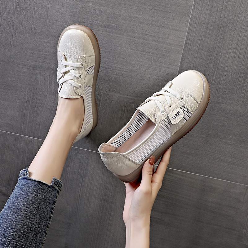 Head layer cowhide small white board shoes female breathable shallow mouth 2024 cow reinforced soft bottom anti-odour a stirrup single shoes female