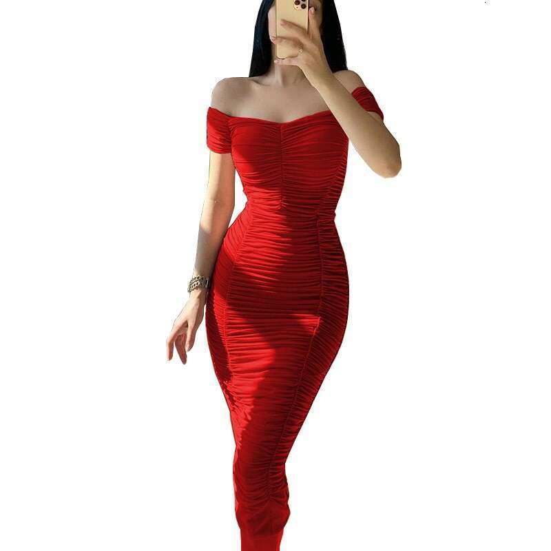 New style solid color long with elegant temperament, summer women's one shoulder pleated dress