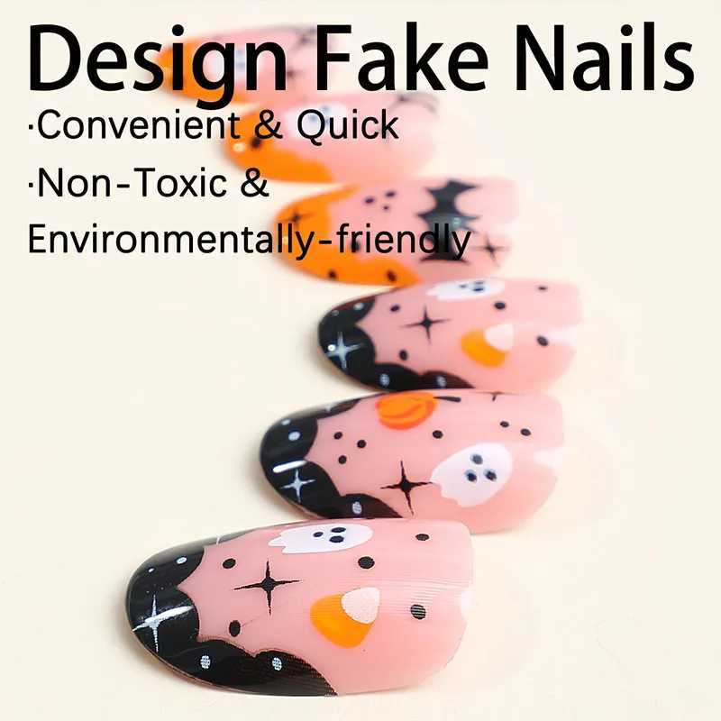Halloween fake nail acrylic pressed nail almond shaped fully covered jelly glue nail cute ghost nail sticker W240905