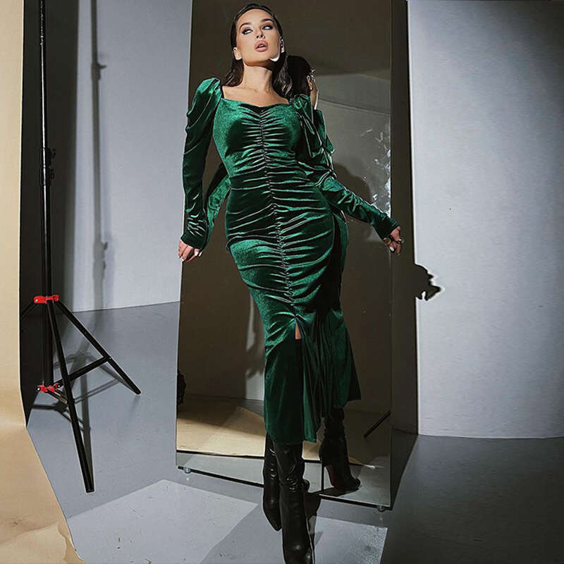 Women's 2023 Autumn New Fashion Style Pleated Slim Fit Split Long Sleeve Dress