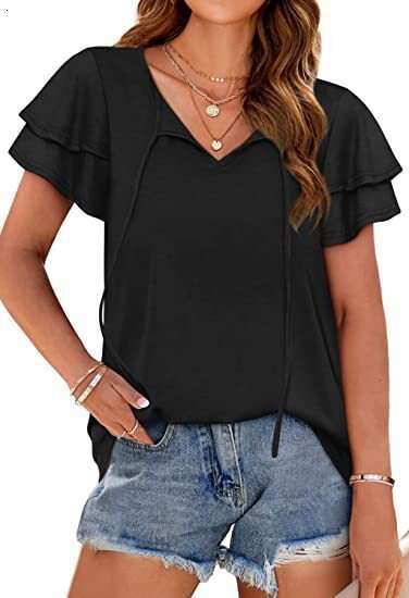 2024 TEMU Spring/Summer New V-neck Double Sleeve Lace up Casual T-shirt Women's Wear