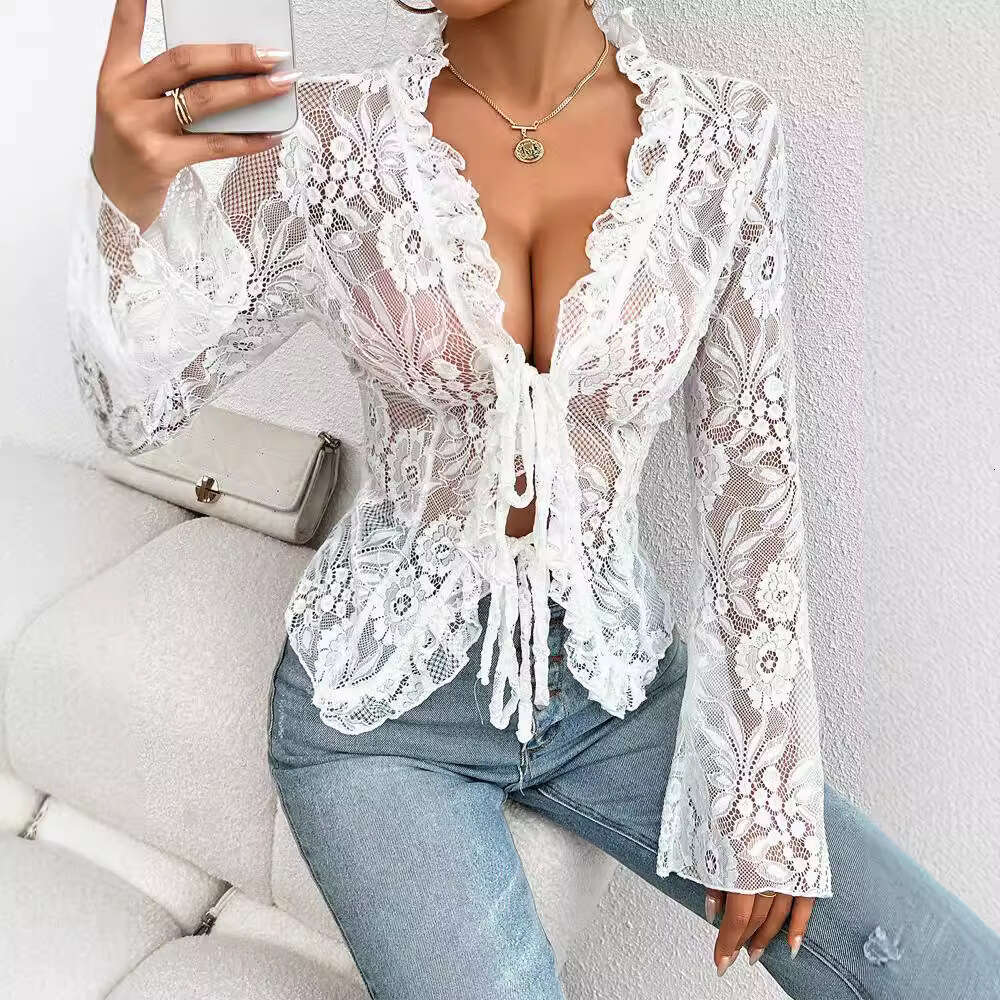 Women's 2024 autumn sexy slim fit long sleeved cardigan lace top for women