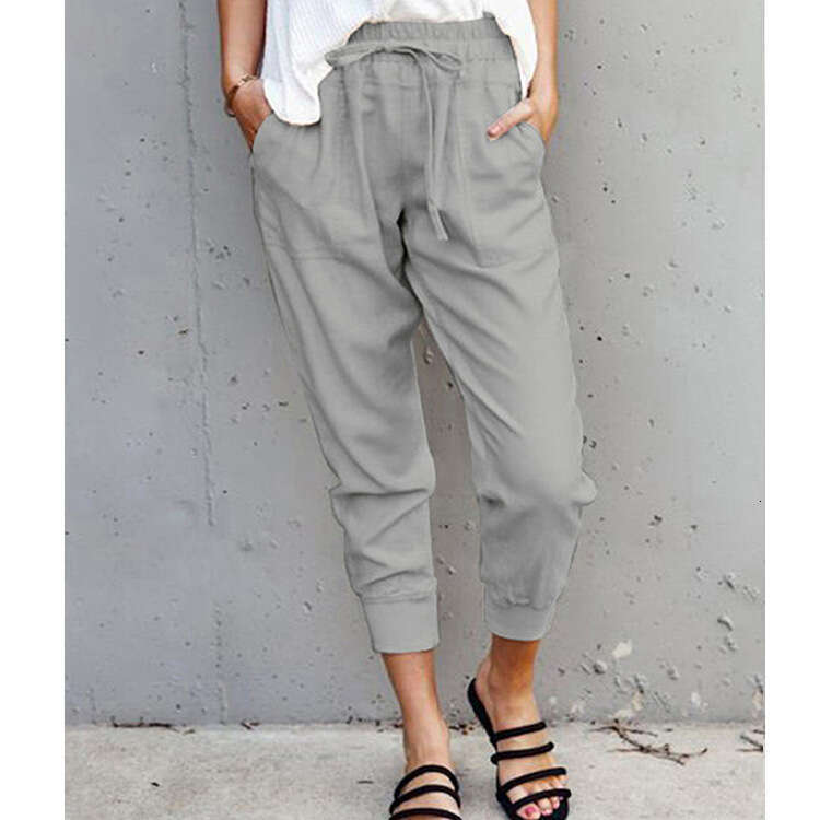 Summer New Cotton Hemp Solid Color Simple Lace up Casual for Women's Slim Fit and Slimming 9-inch Small Feet Pants