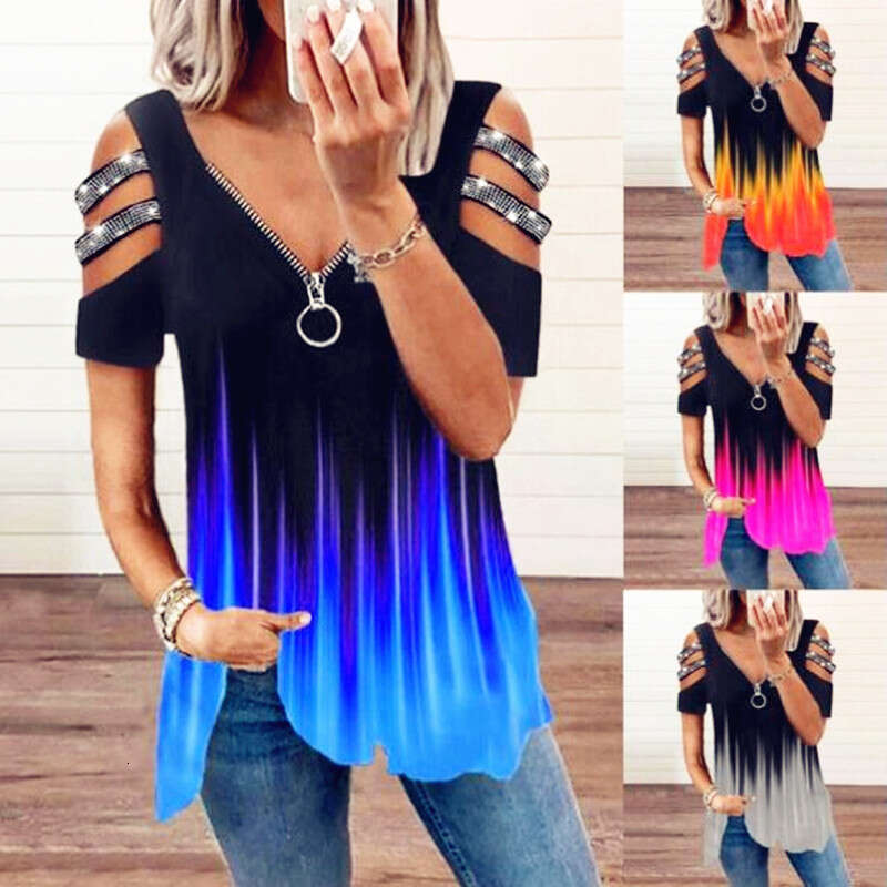 2024 V-neck zipper pullover printed short sleeved loose T-shirt Women's top