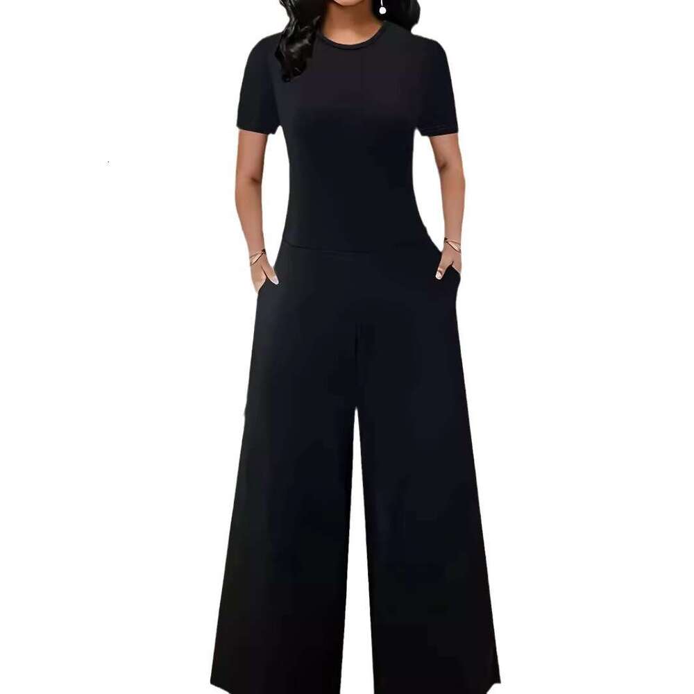 Shein women's commuting jumpsuit 2024 spring/summer casual solid color short sleeved wide leg pants