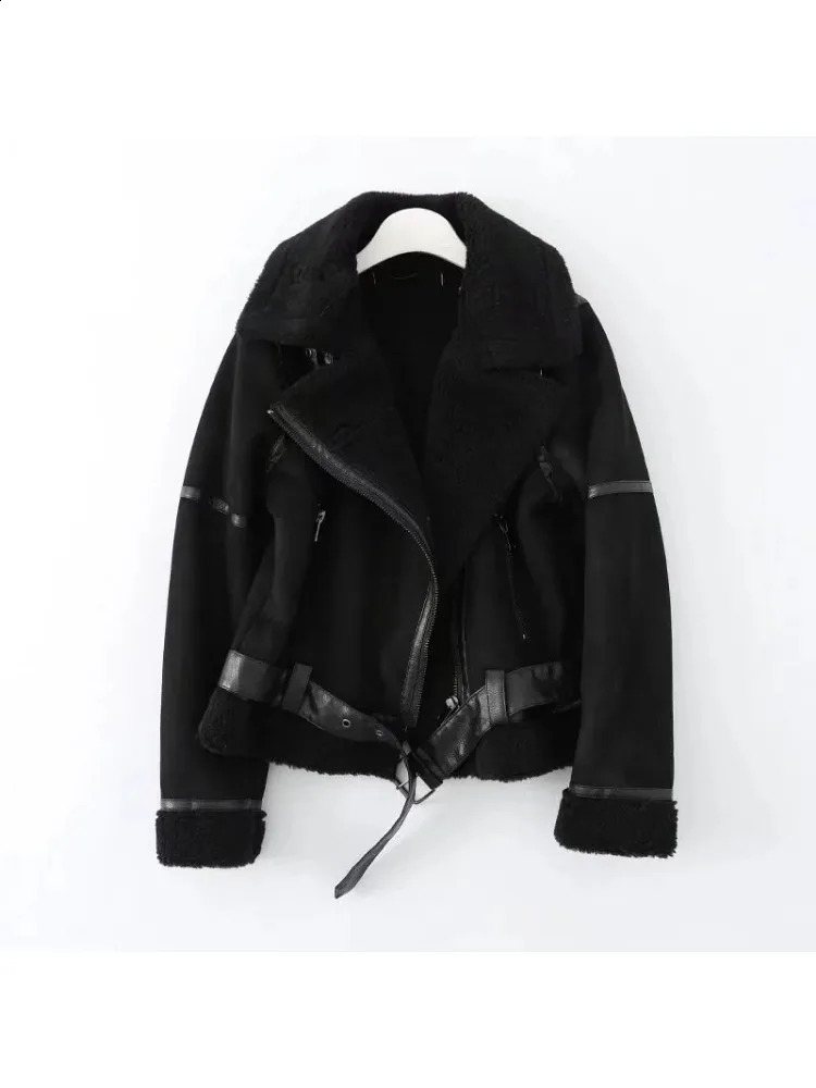 Womens faux fur sheepskin coat suede jacket with belt casual thick warm bicycle zipper oversized leather windproof 240905
