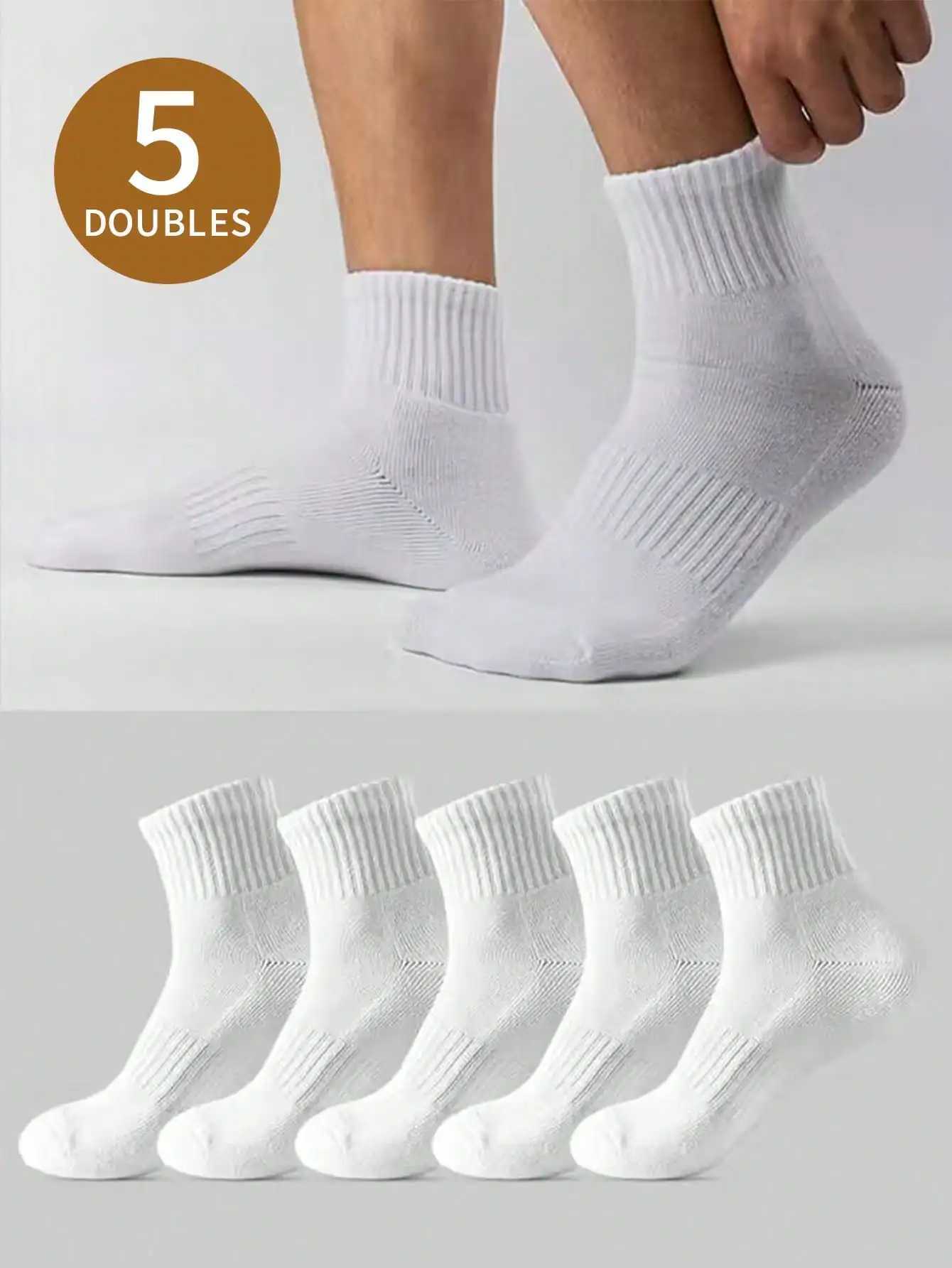 5 pairs of mens white mid calf length anti odor summer sports socks W240905