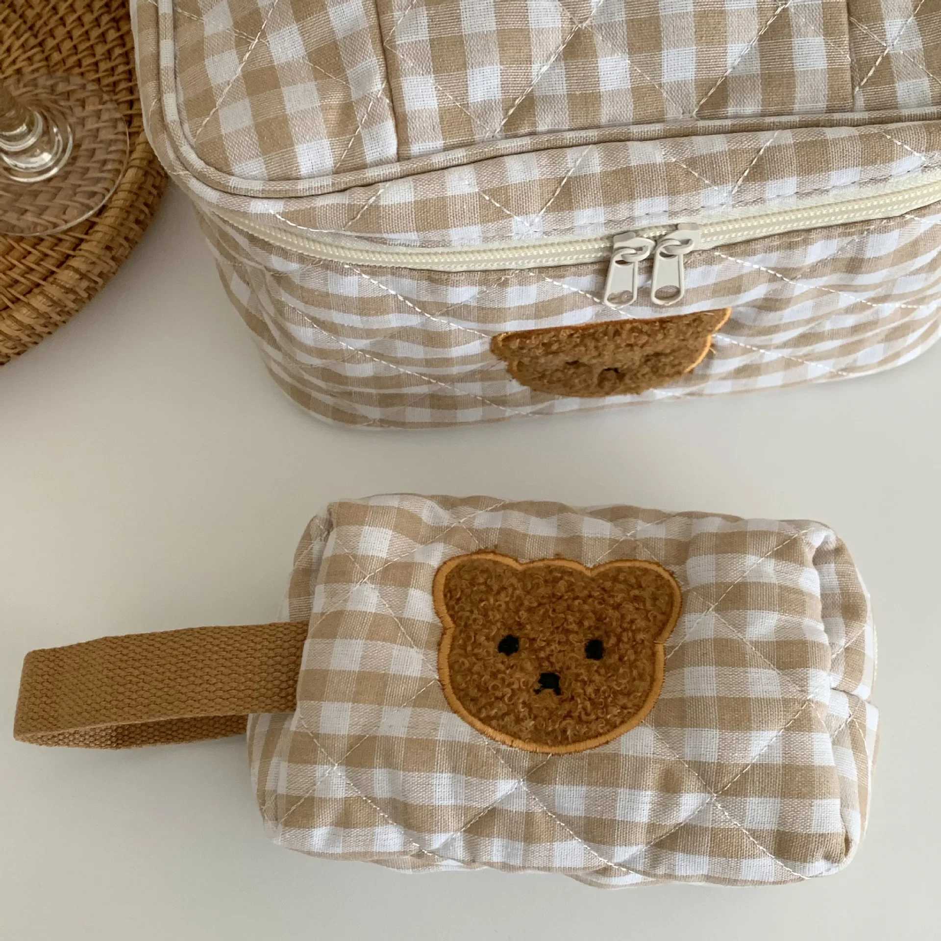 Cute Bear Makeup Bag Portable Large Capacity Cotton Quilted Handbag W240905