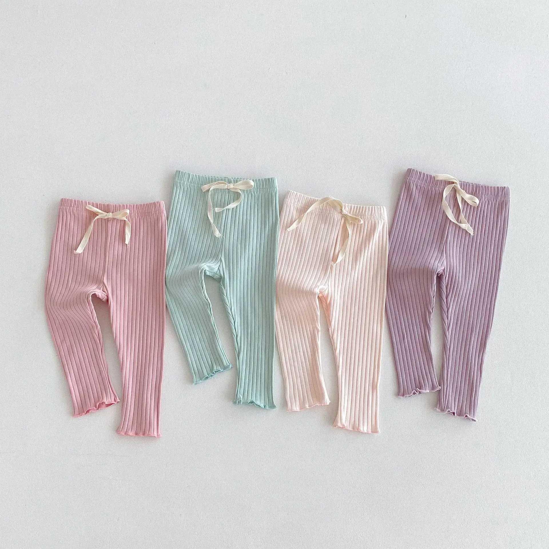 Autumn New Girls Cute Bow Leggings Cotton Children Solid Ribbed Tights Toddler Versatile Stretch Pants Kids Casual Trousers Y240906