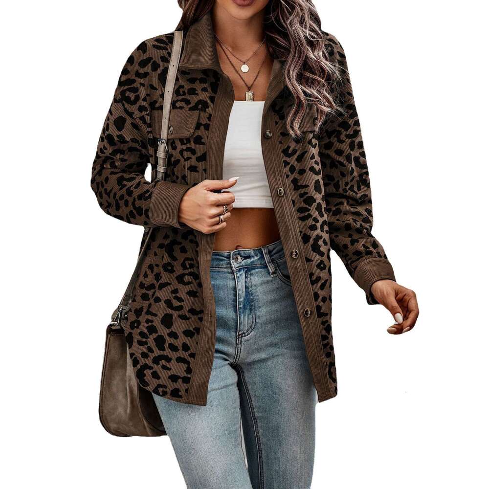2024 new women's autumn and winter fashion leopard print button long sleeved jacket for women