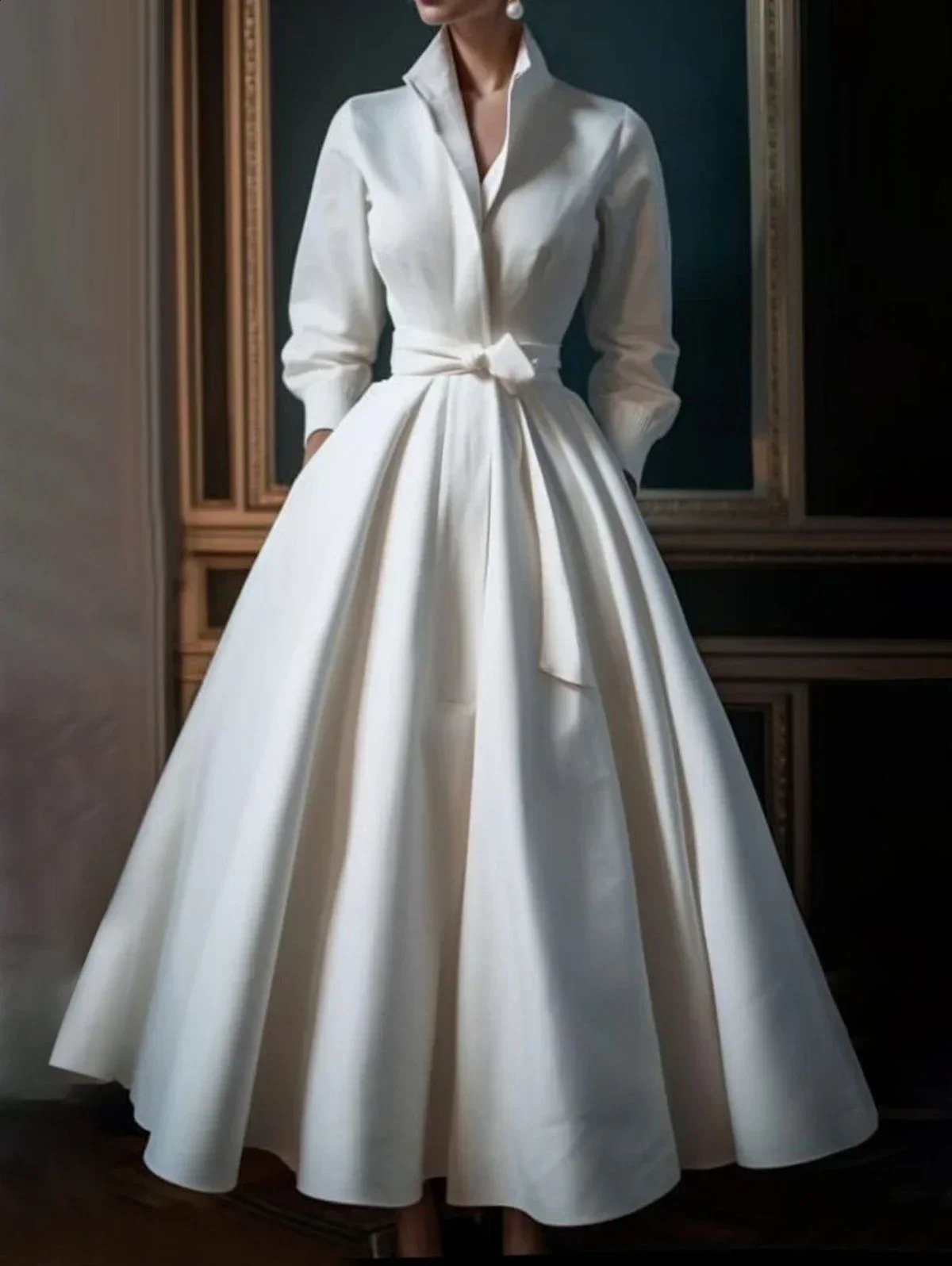 Womens elegant shirt dress long sleeved stand up collar white minimalist A-line pleated wedding guest dress Blet 240906