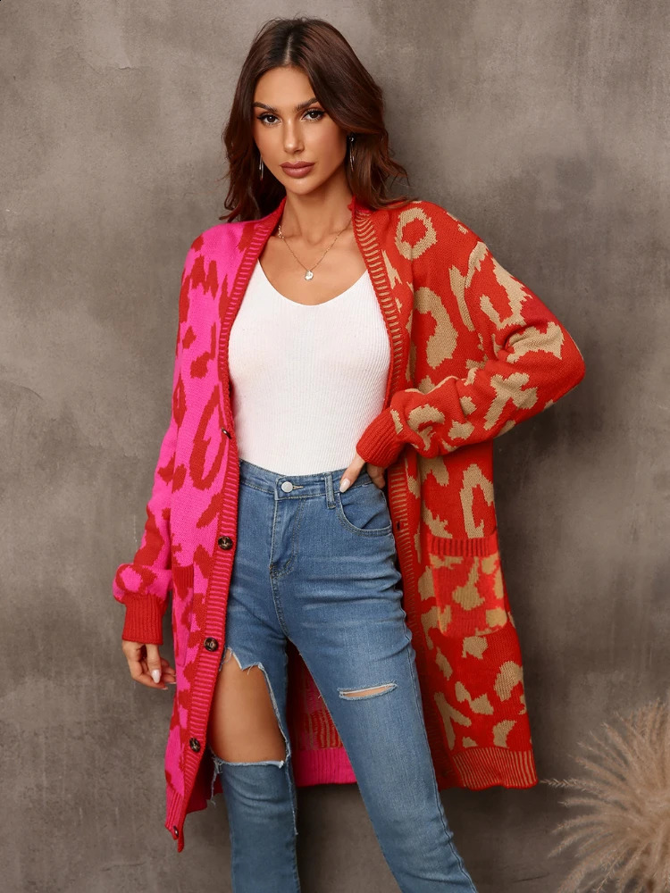 Womens Knitted Open Sweater Vneck Full Sleeve Printed Midi Jumper Thick Splicing Single Chest Regular Winter 240905