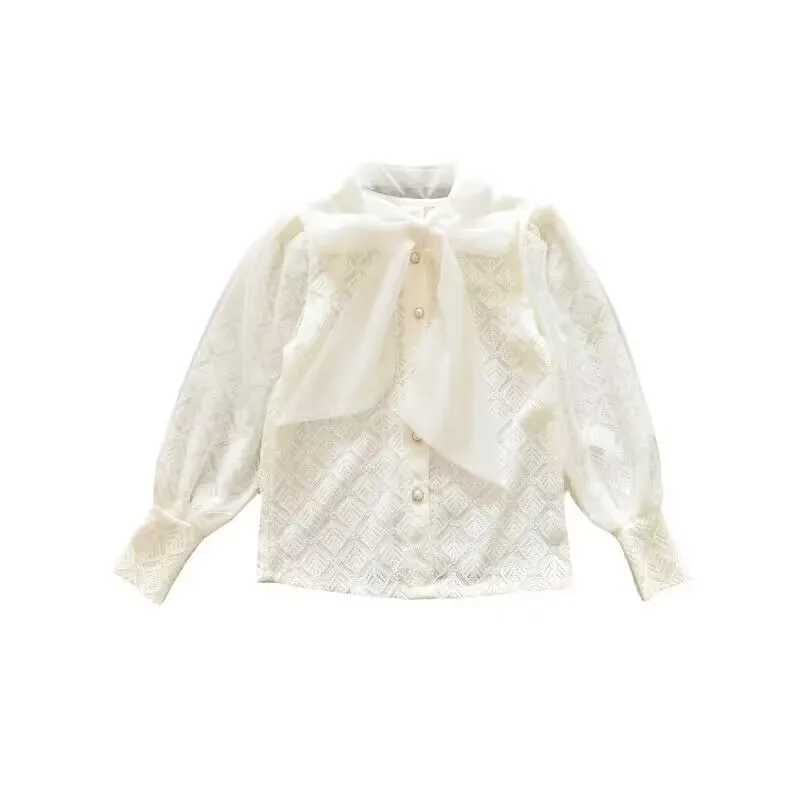 Teenage Girls Shirt 2023 New Medium and Big Children Spring and Autumn Thin Long Sleeve Shirt Girls Baby Bow Princess Shirt Y240906