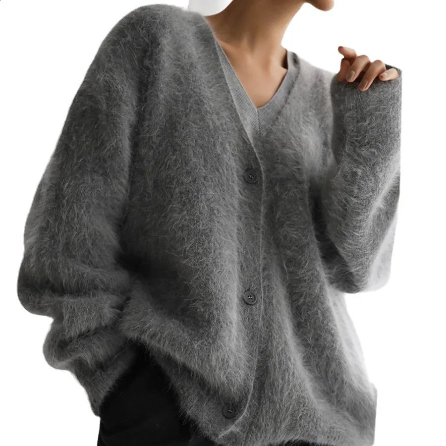 Fluffy knitted cardigan long sleeved sweater womens loose jacket soft Vneck jumper single breasted casual 240905