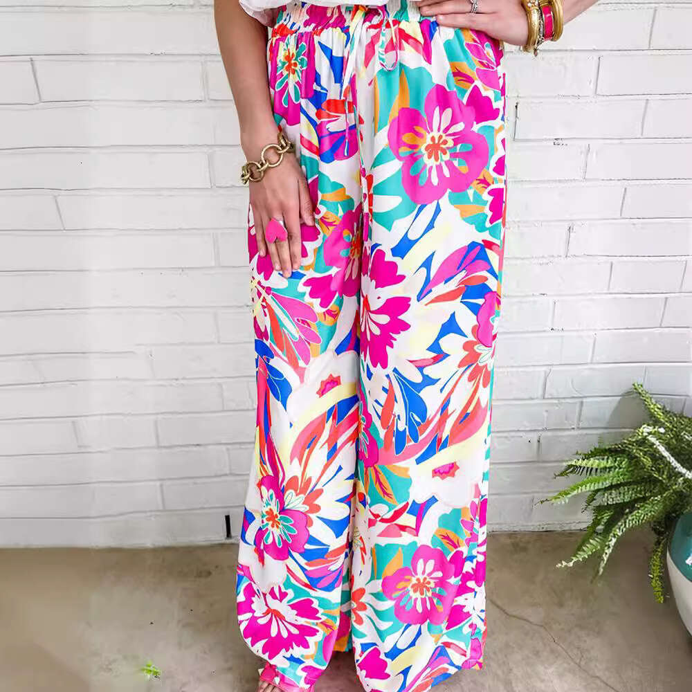 2024 Spring and Autumn New Flower Printed Wide Women, Casual Loose, Meat Covering Straight Leg Pants for Women