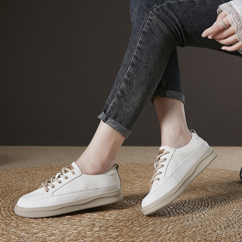 2024 four seasons new flat soft bottom fashion head layer cowhide hundred tie leisure board shoes small white shoes single shoes female