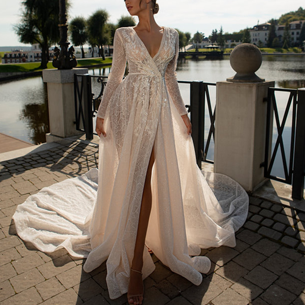 Sexy Boho A Line Beach Wedding Dresses Spaghetti Strap Glitter Summer Bridal Gown With Slit Lace Appliques Civil Mariage 05