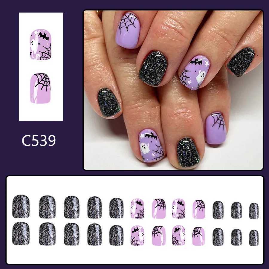 24 pieces of purple Halloween nail art set short square pressed nails with ghost bat spider web design fake nails for women and girls W240905