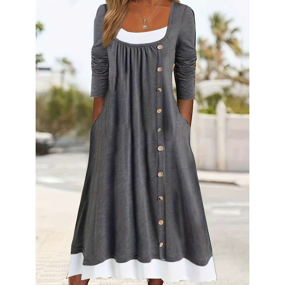 2023 new loose women's casual dress straight tube solid color button pocket square neck mid length