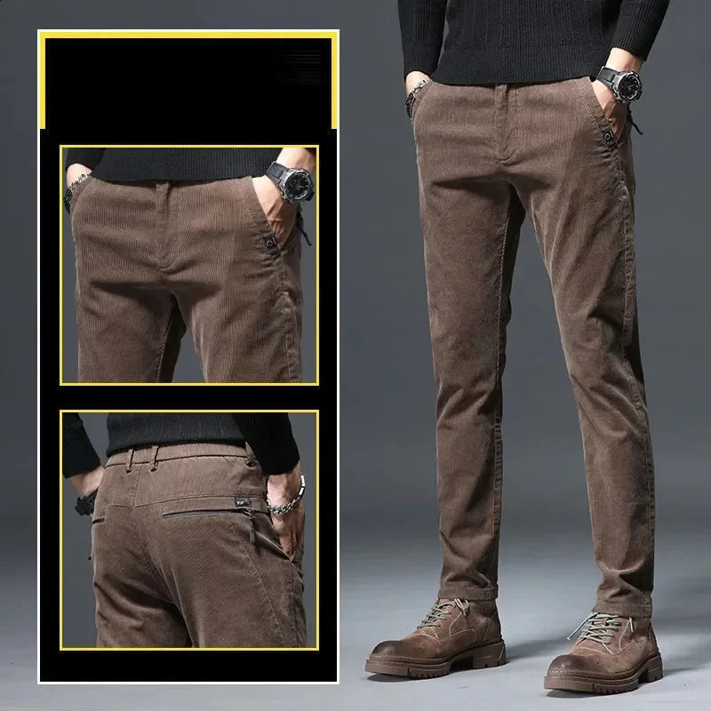 Autumn Winter Mens Retro Corduroy Casual Pants Business Fashion Solid Color Elastic Regular Suitable for Trousers 240905
