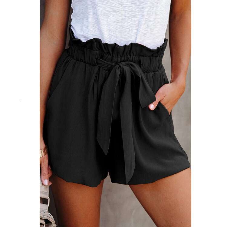 Elastic lace up solid color casual for women, loose high waisted minimalist shorts, wide leg pants
