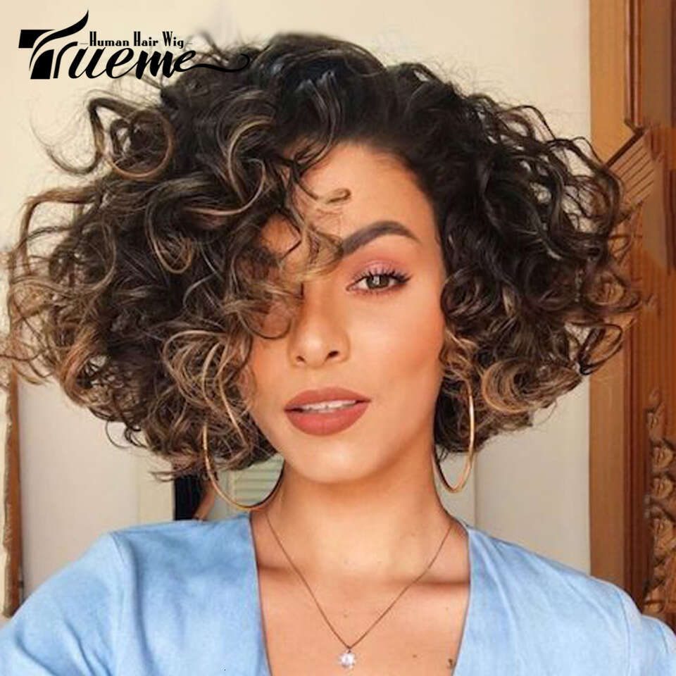 Trueme Hair Colored Water Curly Bob Human Wigs For Women Ombre Blonde Brazilian Deep Wave Lace Part Wig