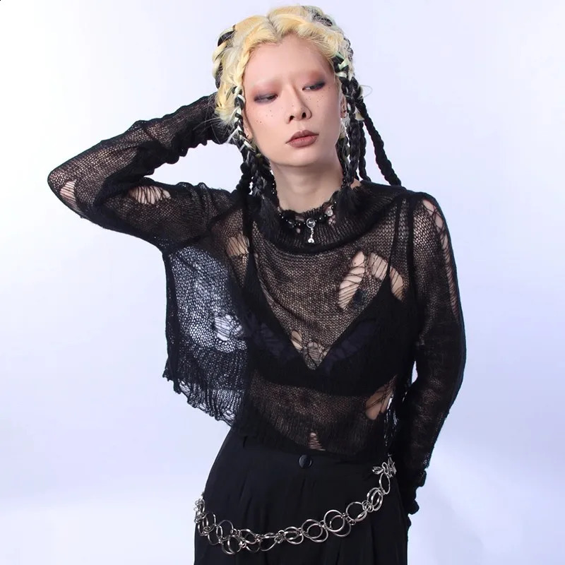 Karrcat Grunge Aesthetics Distressed Pullover Cyber Y2k Knitted Jumper Wilderness Punk Style Vacant Sweater Hole Broken Gothic 240904