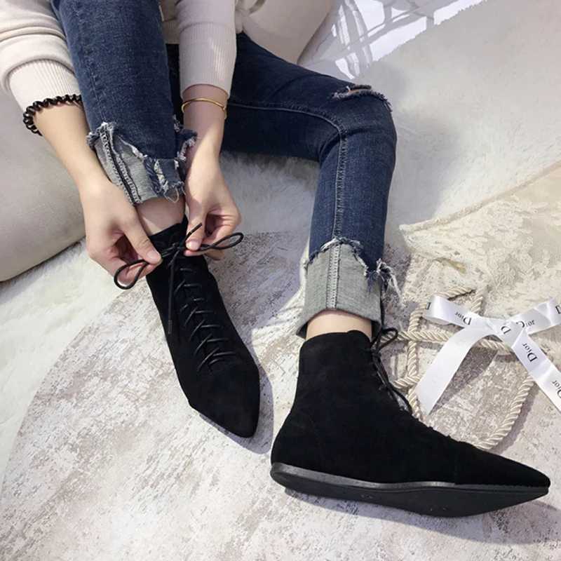 2022 Pointed Toe lace upper womens flat shoes short Chelsea Botas Feminina warm winter snow Bottes Mujer Traf fur leather shoes CL240906