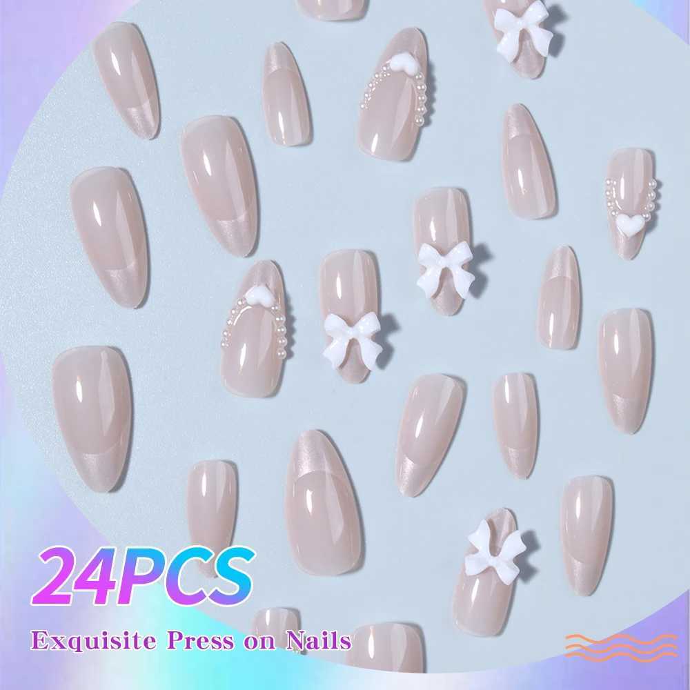 24 pieces of medium to short fake nails pink diamond nails 3D white bow pearl love design Y2K nail press suitable for women W240905