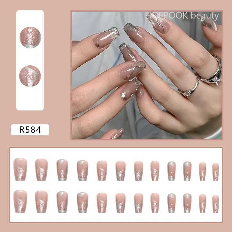 24 pieces of silver mirror long T reusable fake nail art seamless detachable full cover acrylic press machine fake nail press machine W240905