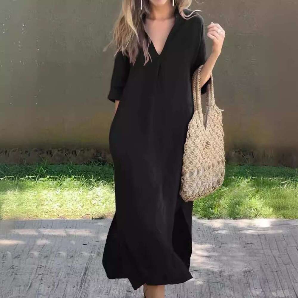 2024 Women's Summer Side slit Pocket V-neck 7-inch Sleeve Chest Crimson Dress