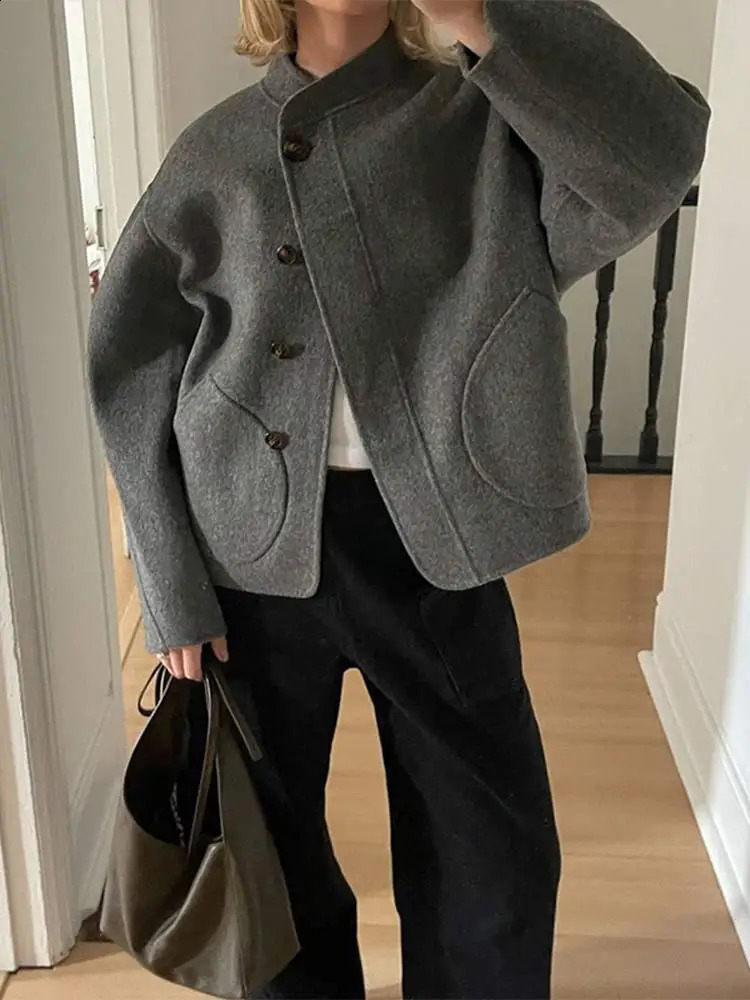 Casual Stand Up Collar Single Breasted Womens Woolen Coat Solid Color Pocket Long Sleeved Jacket High Street Ladies Coats 240904