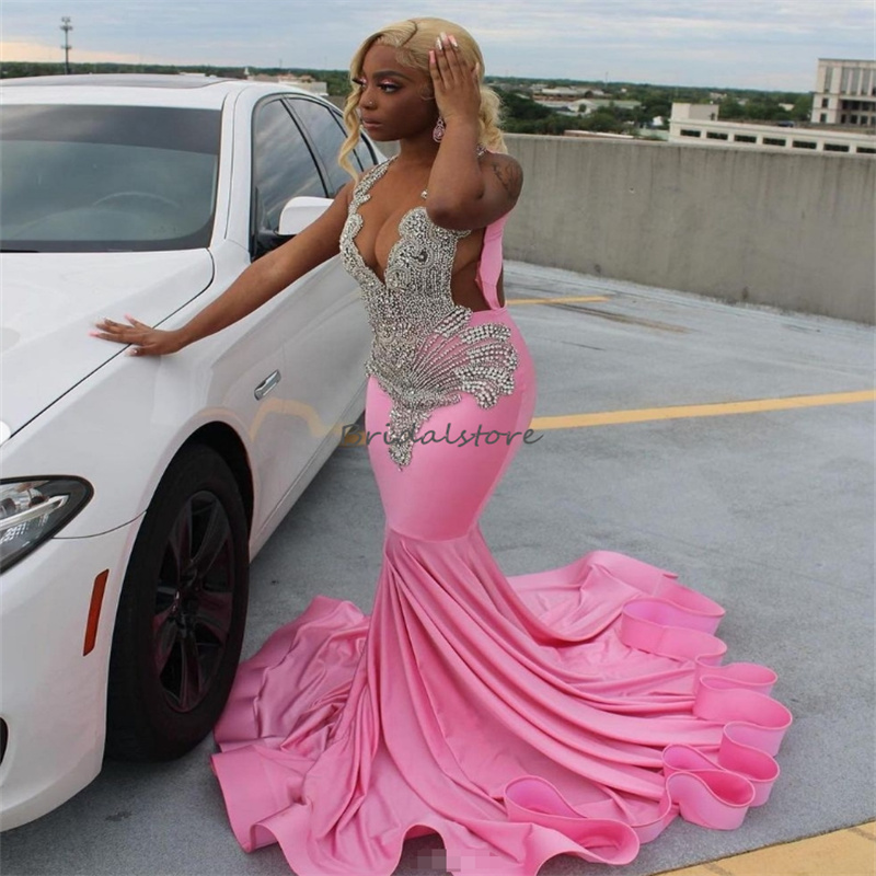 Baby Pink Crystal Prom Dress For Black Girls Elegant Mermaid Luxury Birthday Dress Sleeveless Customize Formal Party Gowns 2025 Masquerade Engagement 