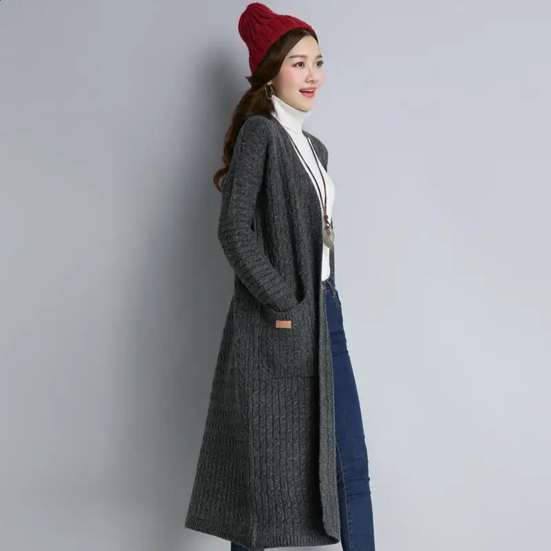 Autumn and winter loose medium length knitted jacket fashionable solid color long sleeved sweater cardigan 240905