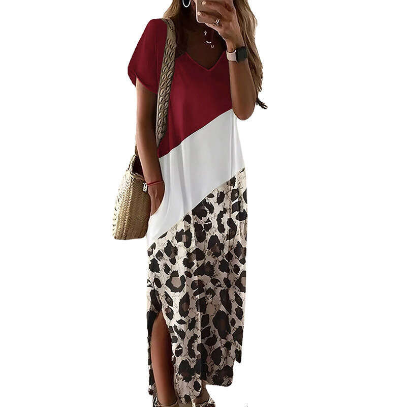 New leopard print side slit T-shirt long women's color matching black and white round neck dress women