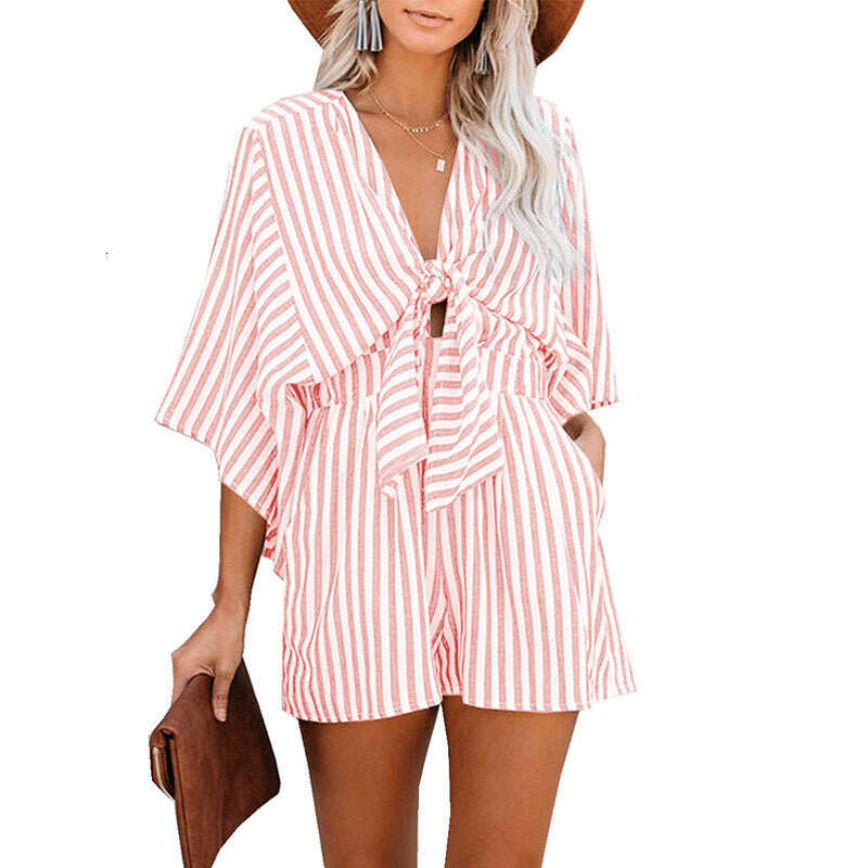 2023 Summer Waistband Slimming Stripe jumpsuit Women's Deep V Flare Sleeves 3/4 Pants