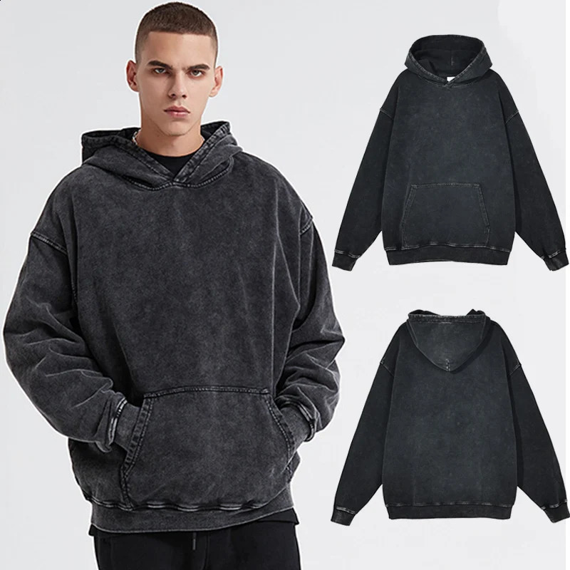 Vintage Black Acid Wash Cotton Hoodies for Men Women Spring Autumn Hooded Sweatshirts Casual Baggy Loose Fit Pullover Tops 240906