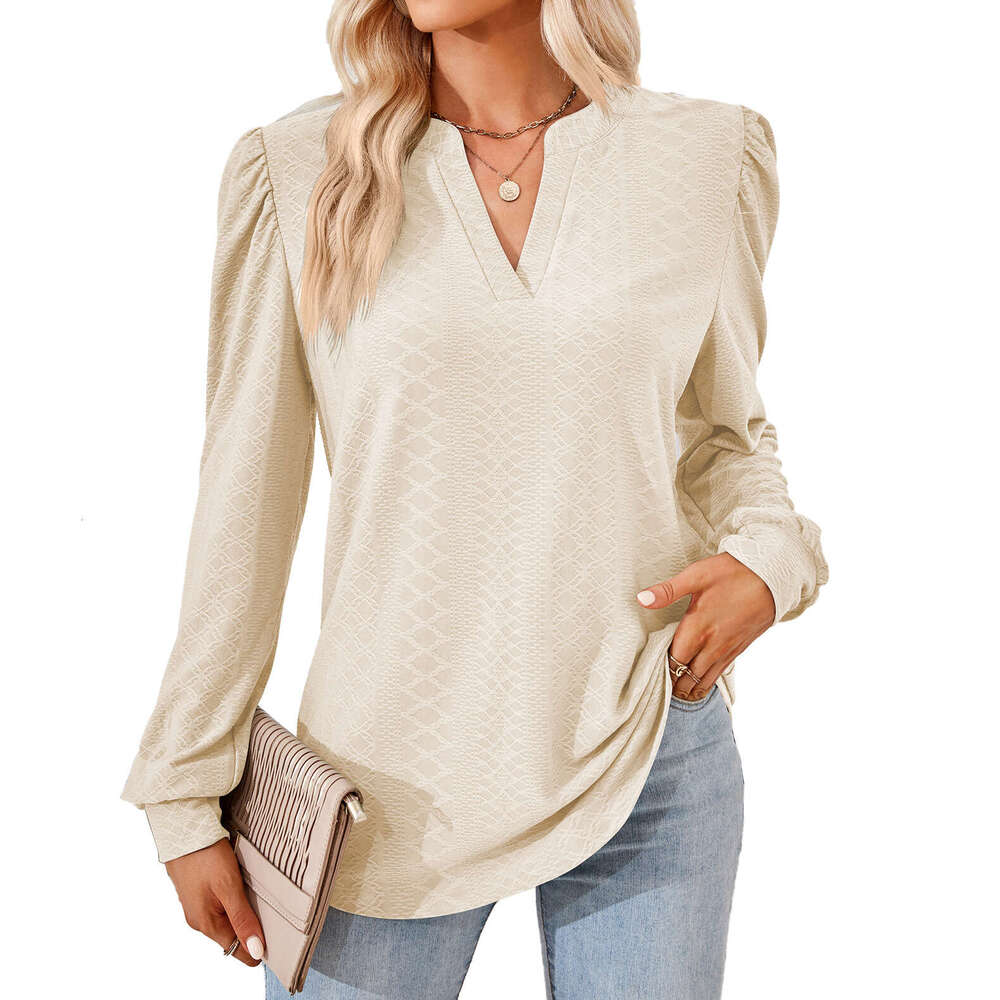 2024 Autumn/Winter New Solid V-Neck Jacquard Long Sleeve Loose T-shirt Top for Women