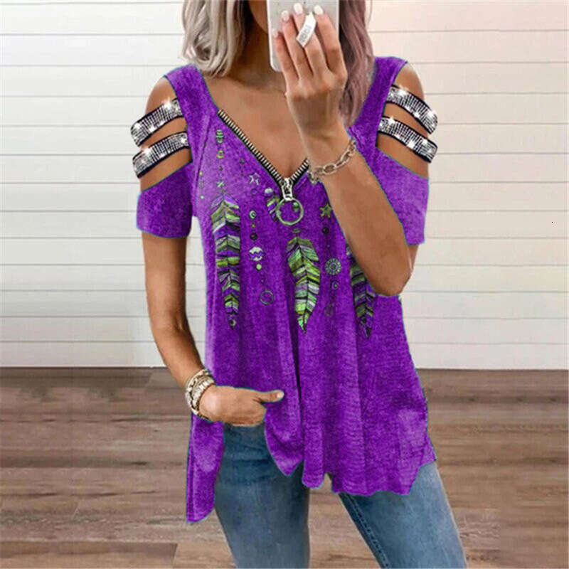2024 V-neck Zipper Pullover Positioned Printed Short Sleeve Loose T-shirt Women's Top