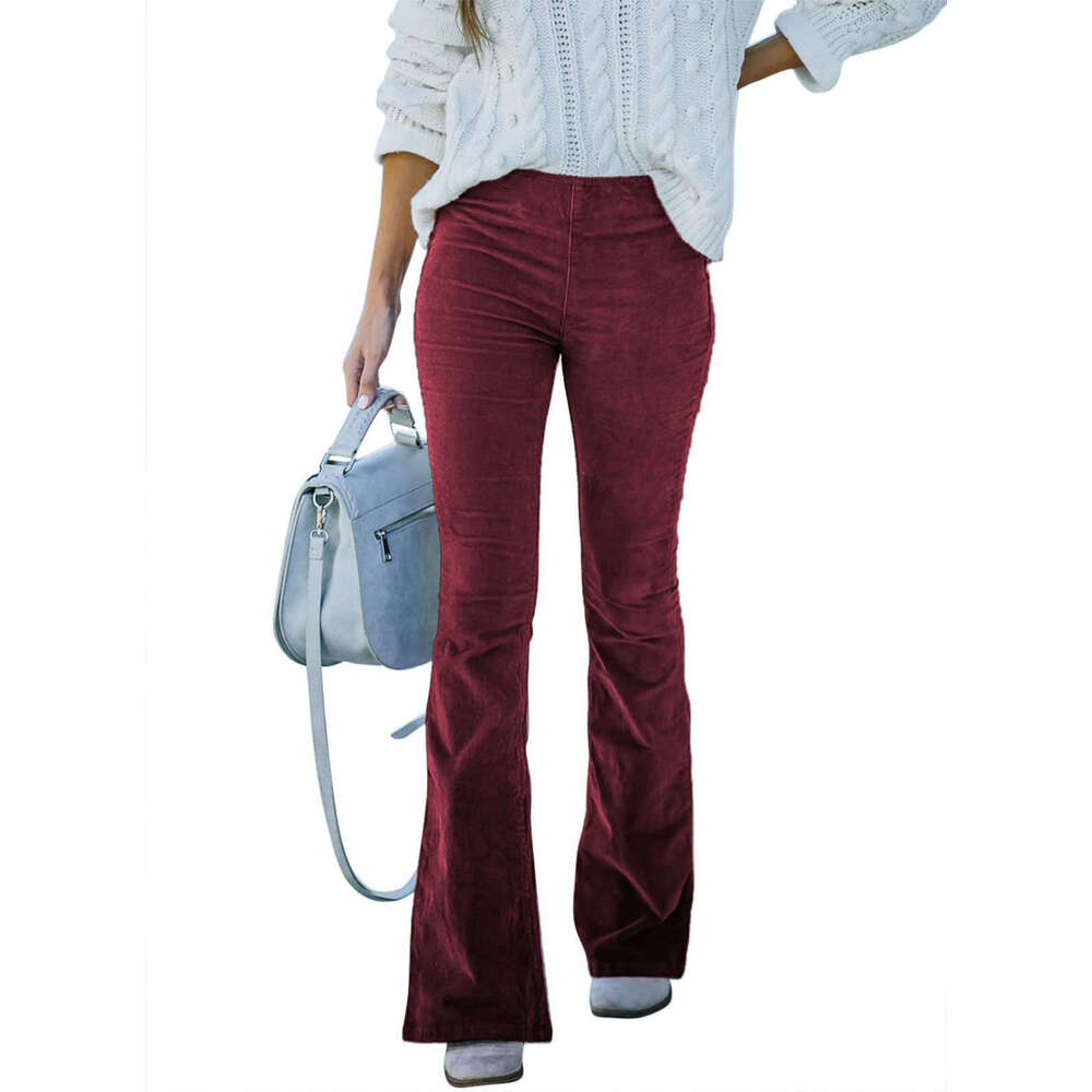 2024 Spring/Summer Women's Solid Color High Slim Fit Micro Flare Corduroy Elastic Waist Casual Pants