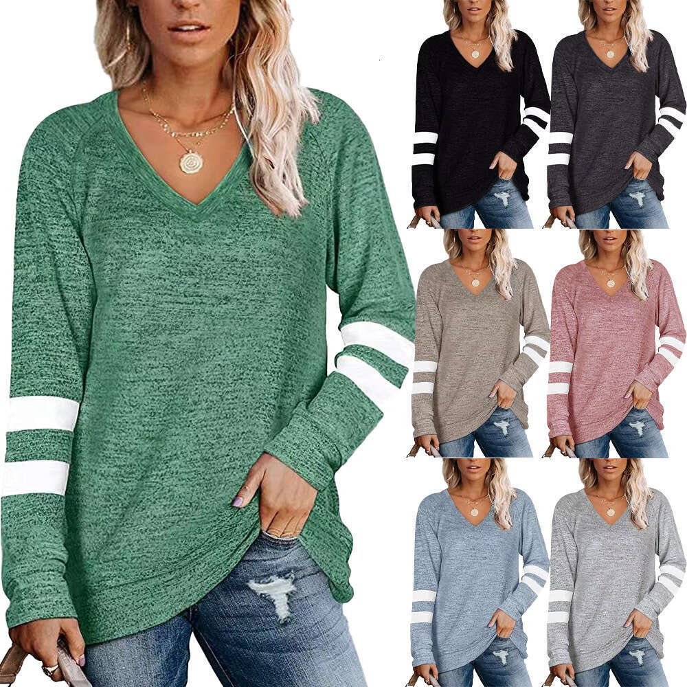 2022 Womens Long Sleeve Contrast Panel V-Neck Loose Casual T-shirt Top