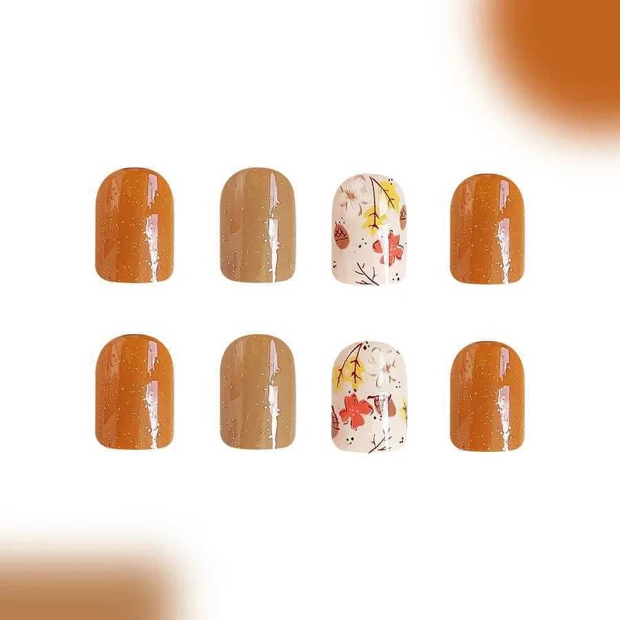 24 piece short press nail set with square shiny star design orange flower nail tips for autumn and winter fake nails womens clothing W240905