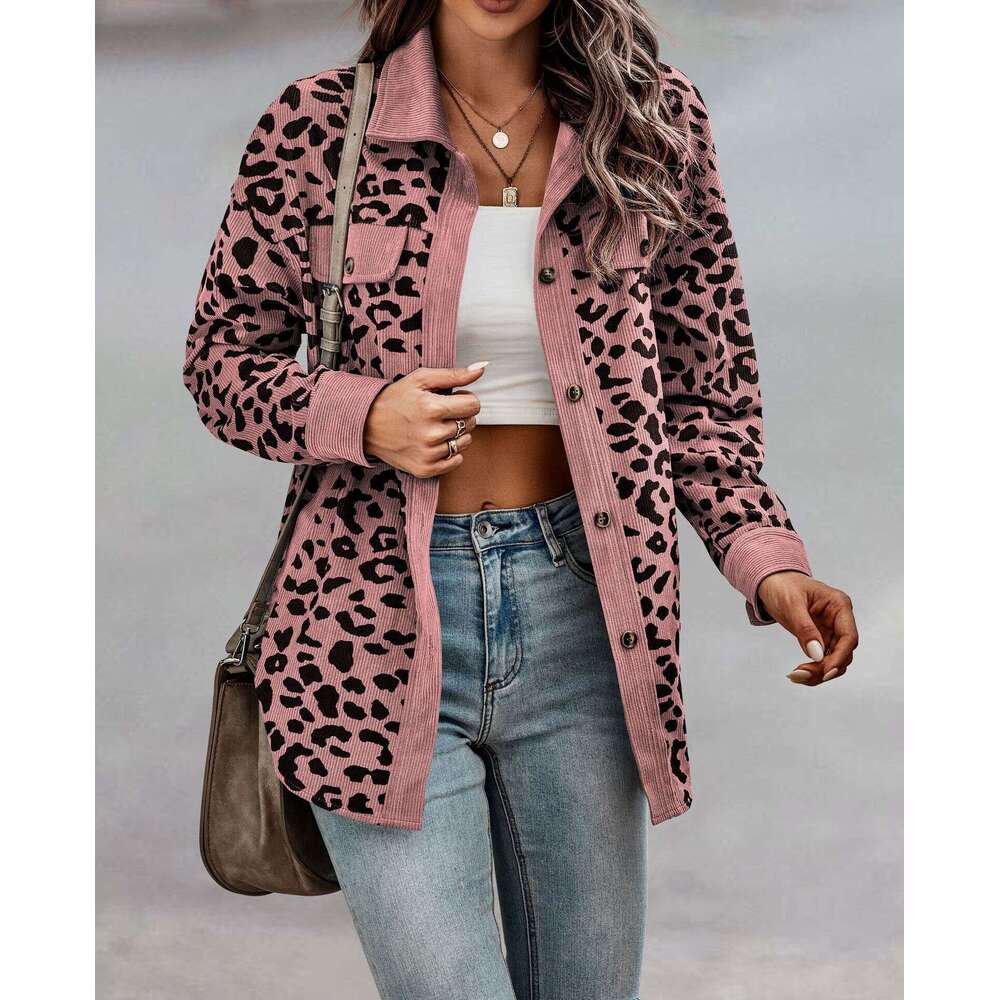 2024 new women's autumn and winter fashion leopard print button long sleeved jacket for women
