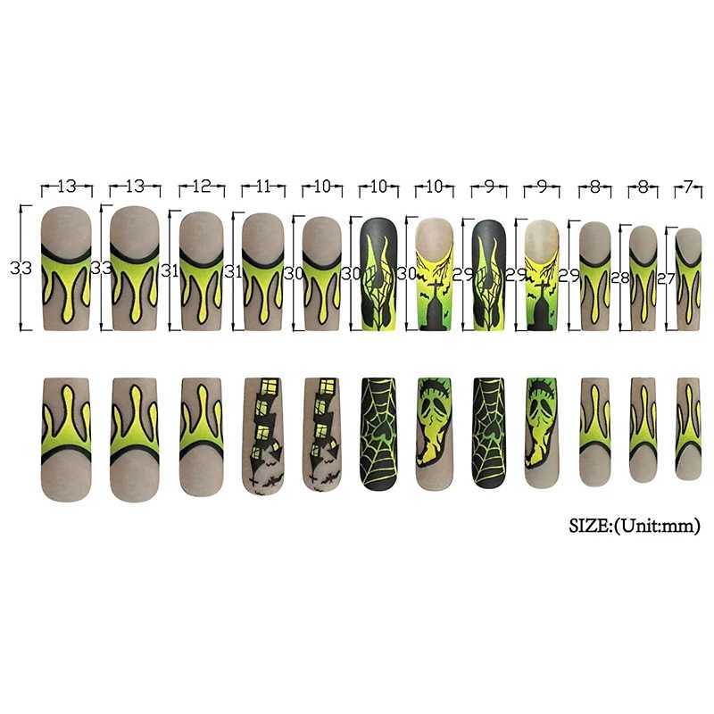 24 Halloween pressed long brown matte fake nails yellow green gradient ghost castle spider web flame fake nails W240905