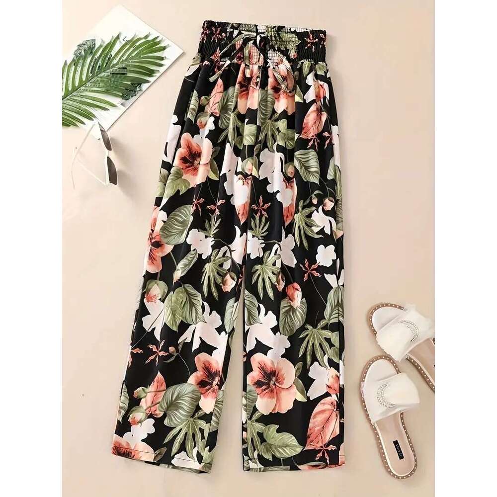 New casual pants spring and summer. Thin, high waisted, slimming effect. Ice silk elastic floral straight tube for women